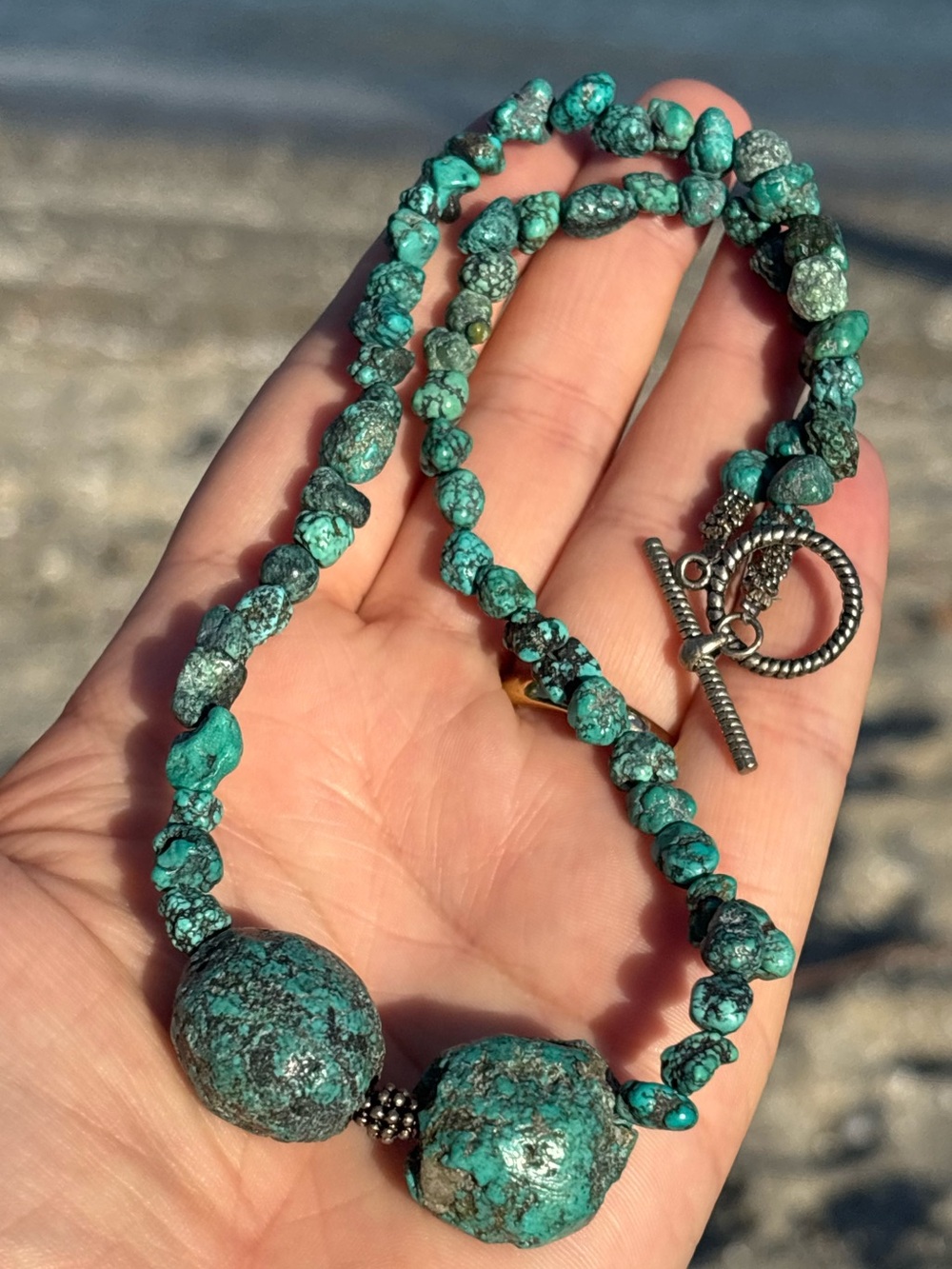 Vintage Raw Turquoise Nugget Necklace Huge Focal Stones Toggle Clasp Earthy Boho
